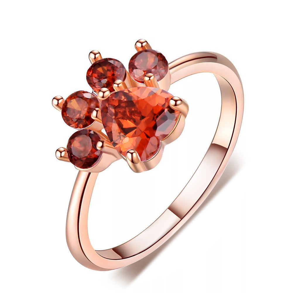 Gold Plated Copper Paw Print Ring With Inlaid Gemstones For Women Elegant Jewelry Gift For Pet Lovers For Animal Lovers