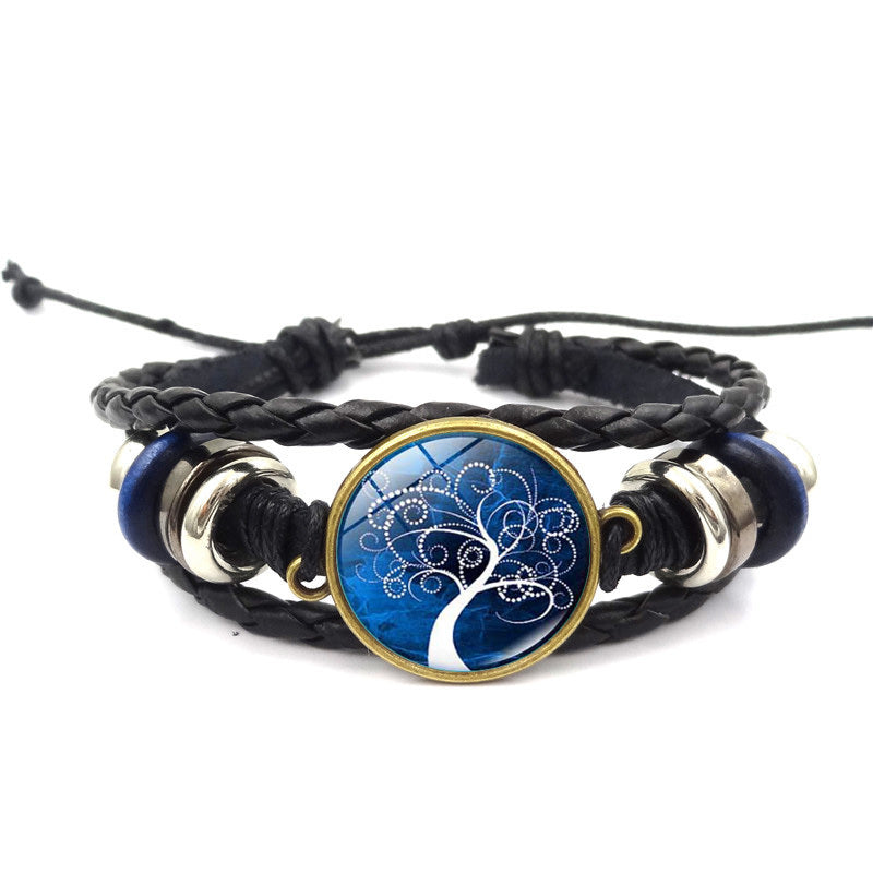 Tree of Life Handmade Multilayer Braided Leather Bracelet with Glass Charm Black Alloy Adjustable High Quality