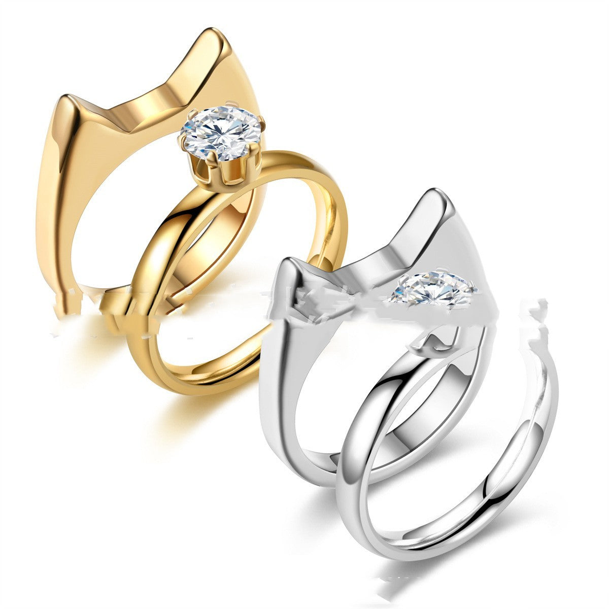 Stainless Steel Cat Ear Couple Ring Set For Women Polished Band 2mm Thick 4mm Wide Cute Jewelry For Women Lovers Gift