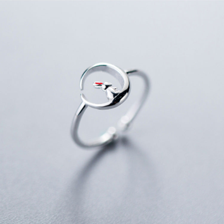 Womens Adjustable Rabbit Moon Ring Silver Plated Alloy Animal Jewelry Korean Inspired Elegant Gift For Women Accessory