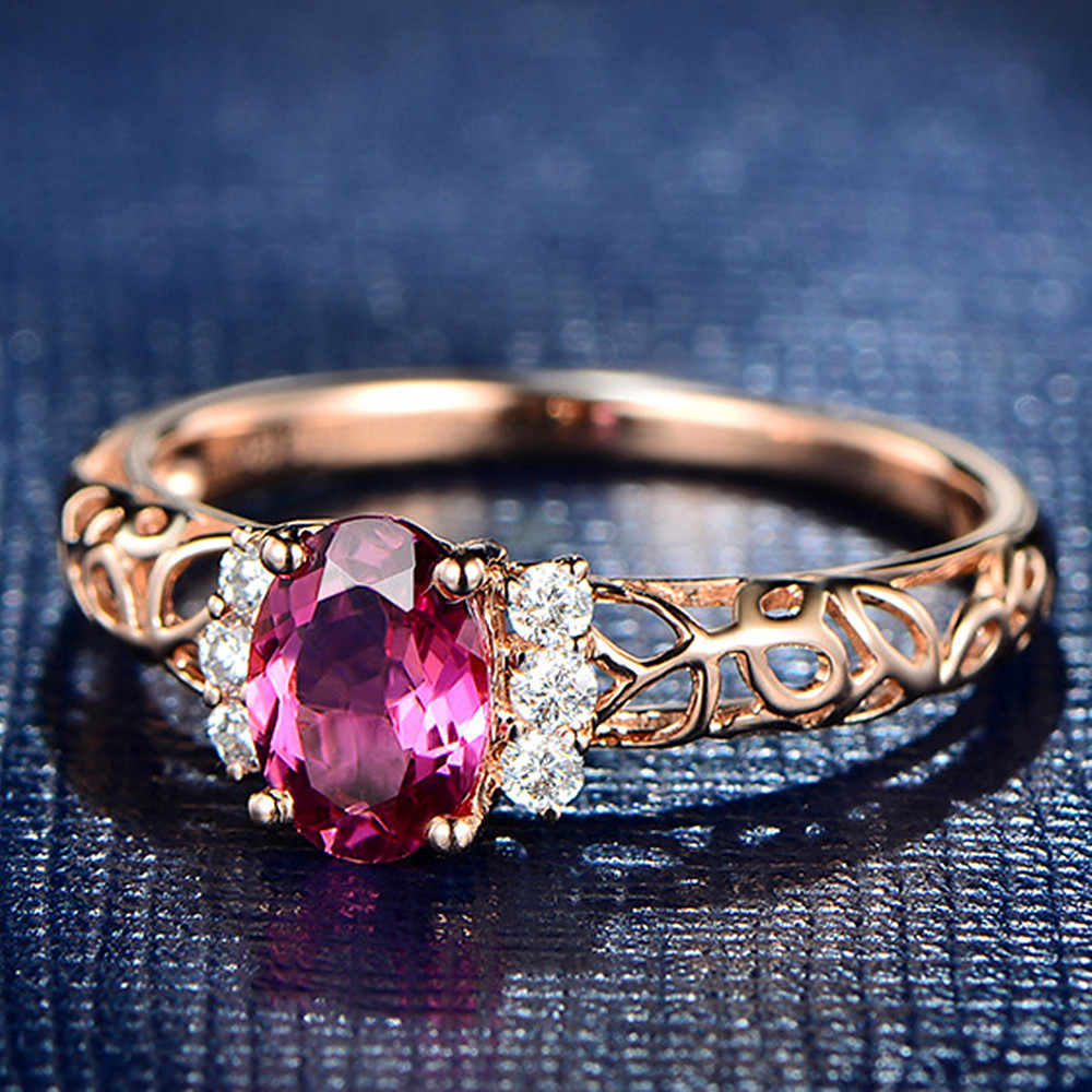 Rose Red Fancy Gems Hollow Ring Gold Plated Coppery Band With Inlaid Semi Precious Stones Geometric Euro Style