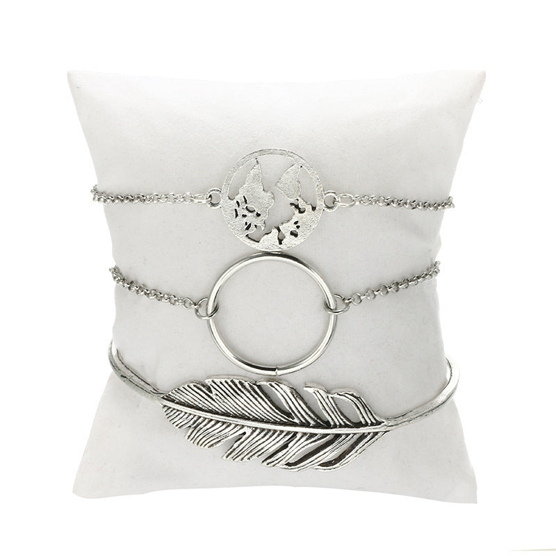 Womens Bracelet Set Geometric Alloy Design Three Piece Smooth Circle Map And Leaf Fashion Wave Mosaic Material