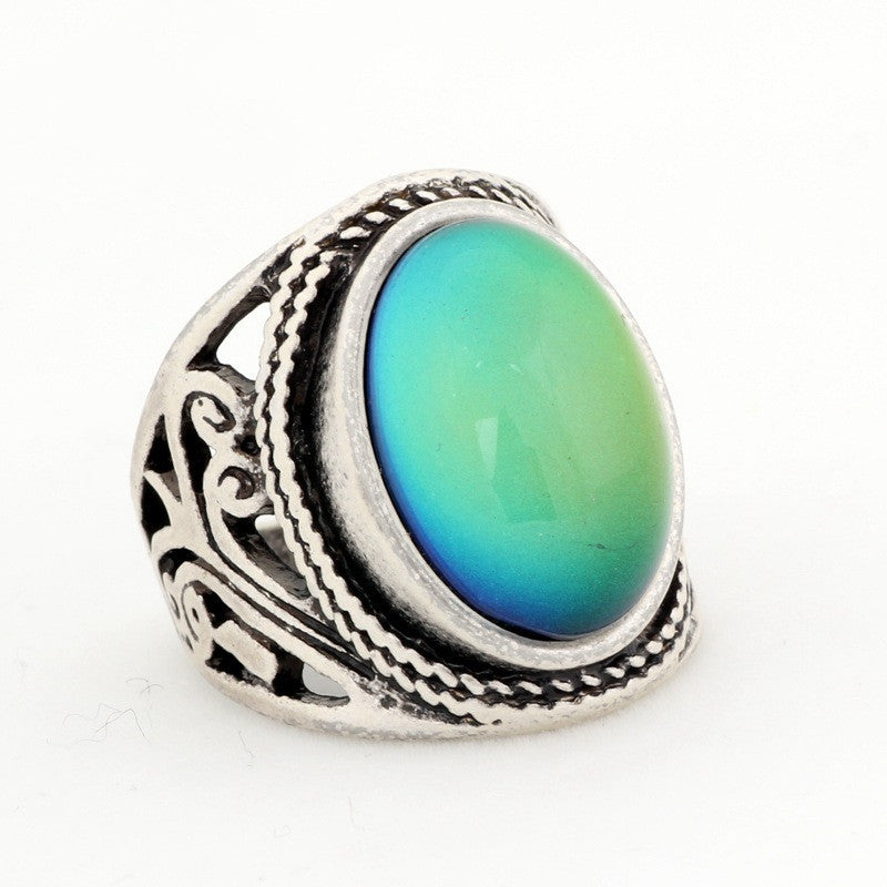 Unisex Thermochromic Heart Ring Geometric Design Color Changing Jewelry Ancient Silver Zinc Alloy Plated Shine