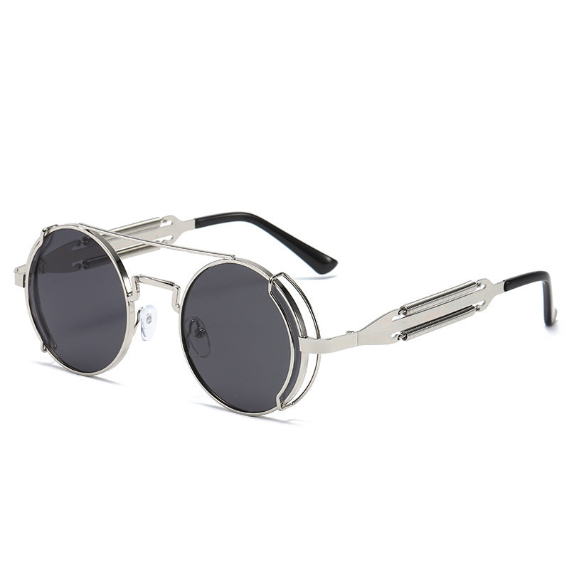 Mens Steampunk Sunglasses With Metal Frame And Plastic Accents Unique Double Spring Leg Design Fashion Eyewear Style