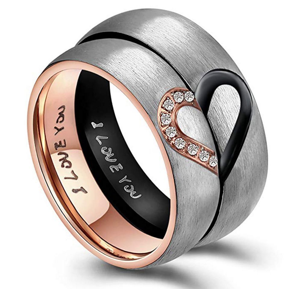 Half Heart Stainless Steel Ring Inlaid Gemstones Gold Plated European American Style Jewelry 6mm Wide Nice Gem