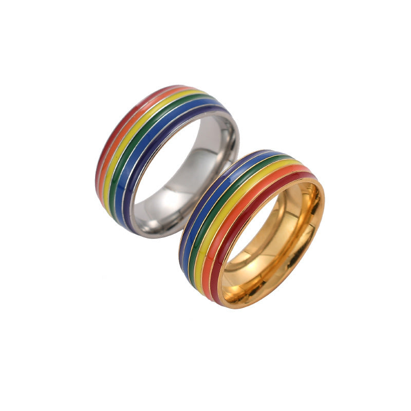 Rainbow Pride Ring Stainless Steel Unisex Jewelry Drop Shape Band In Gold Or Silver Finish For Men And Women Gift Ready