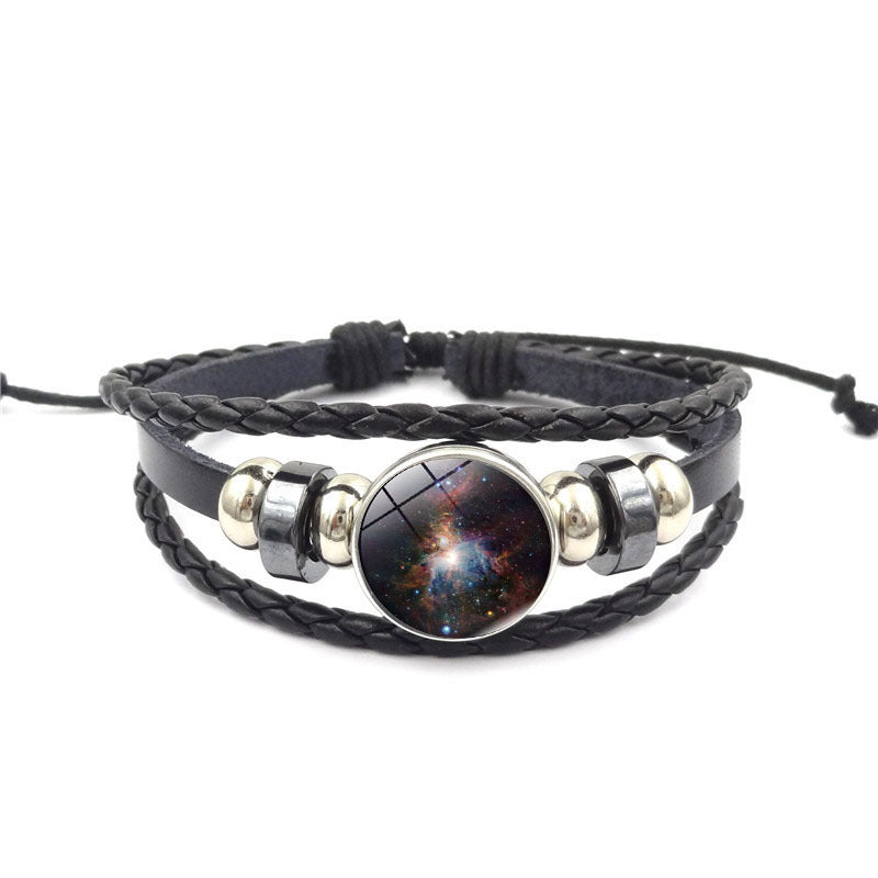 Womens Beaded Bracelet Handmade Starry Sky Universe Design Glass Gem Alloy Pendant Adjustable Leather Rope Gem