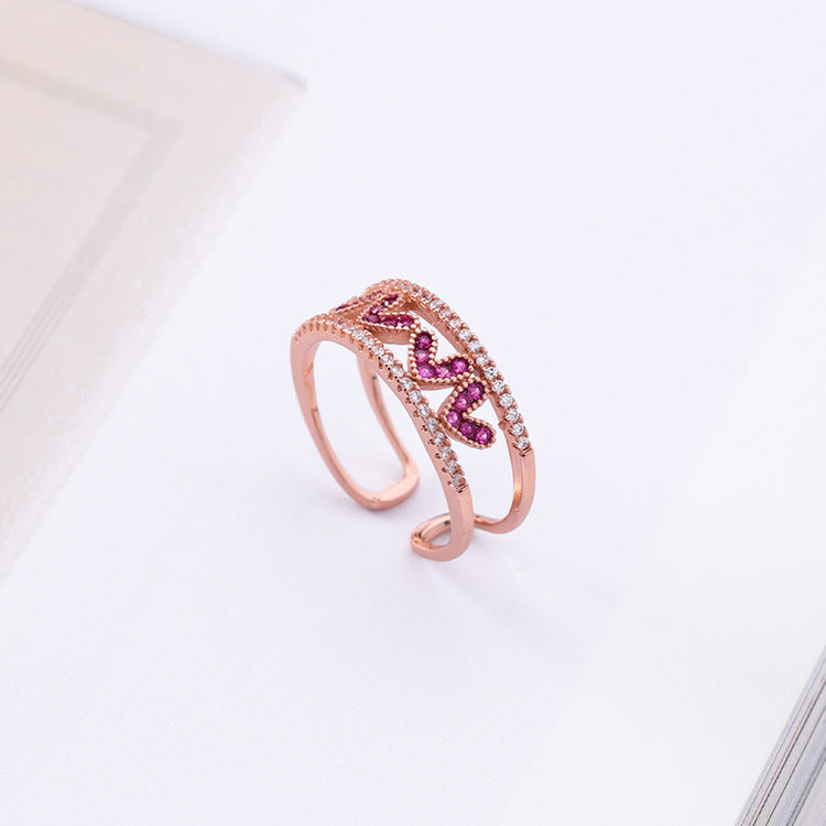 Openwork Heart Ring Alloy With Adjustable Band Inlay Gemstones Rose Gold Or Silver Korean Style Jewelry Design