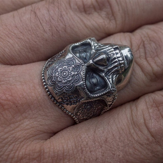 Silver Tone 316L Stainless Steel Skull Ring For Men Mandala Flower Santa Muerte Biker Jewelry For Street Style