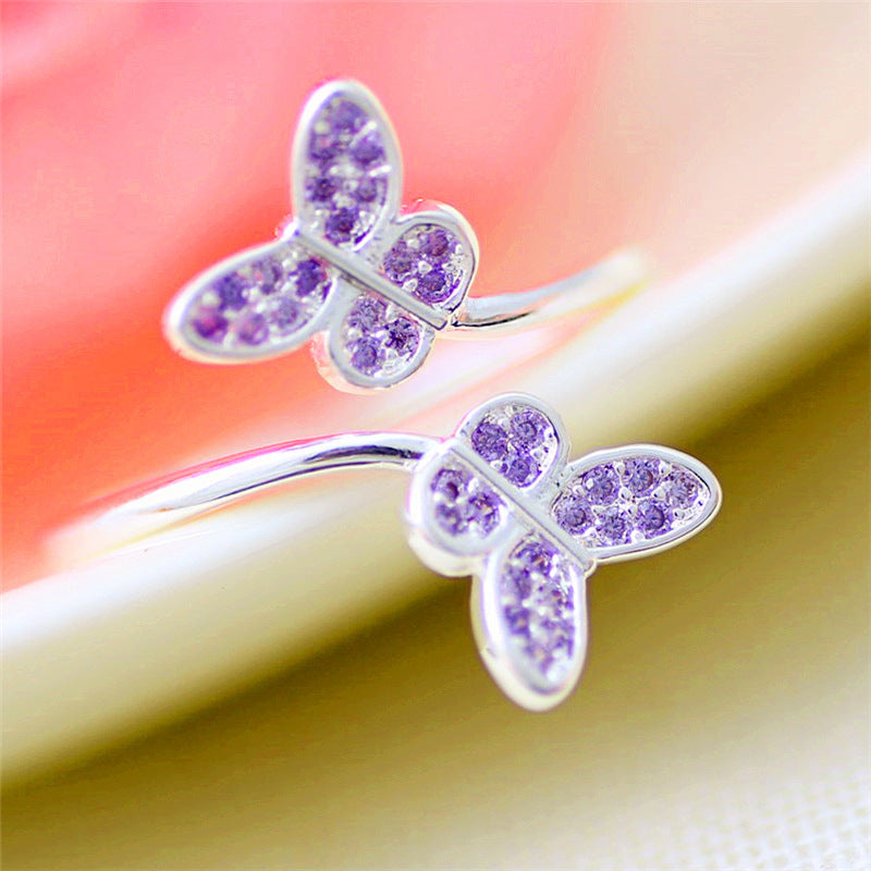 Womens Purple Butterfly Adjustable Diamond Open Ring Sterling Silver Inlaid Gemstones Fashion Jewelry Gift Her