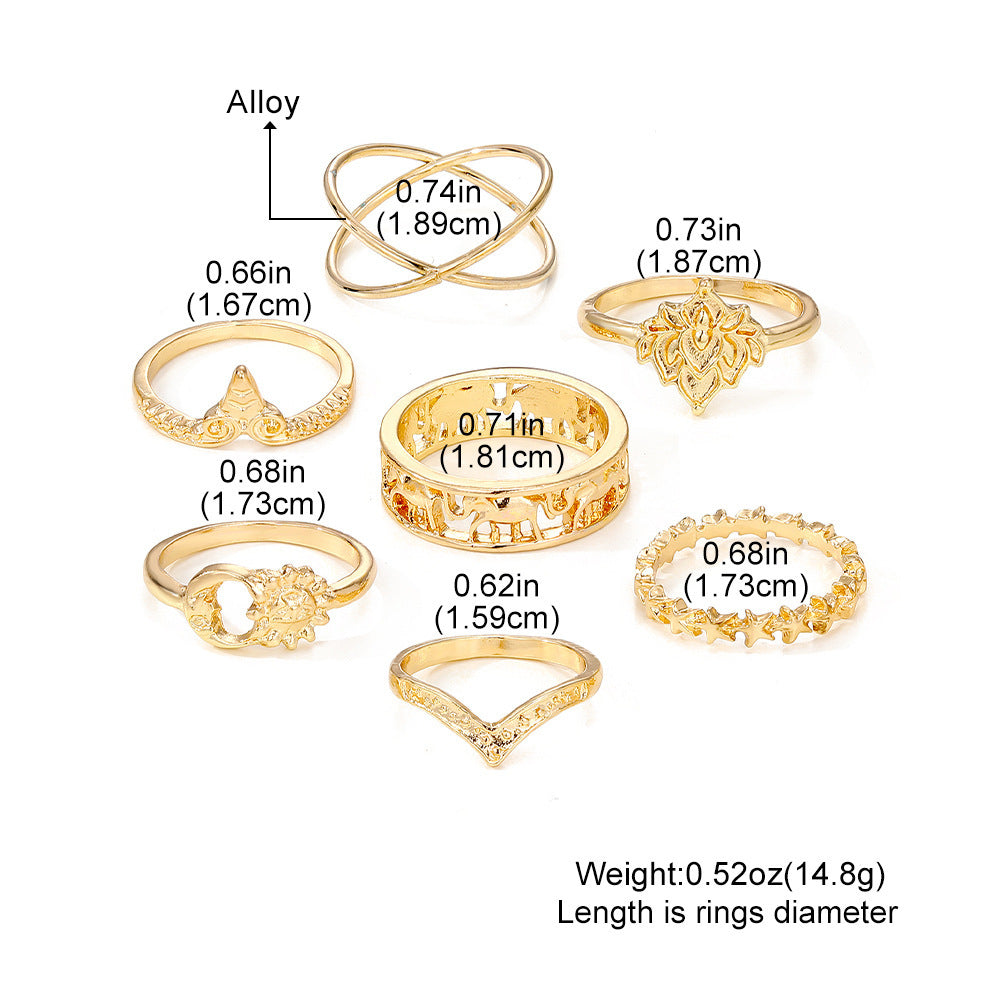 Womens Retro Elephant Ring Set Hollow Animal Zodiac Rings Alloy Fashion Jewelry Knuckle 7pcs Vintage Inspired Motifs