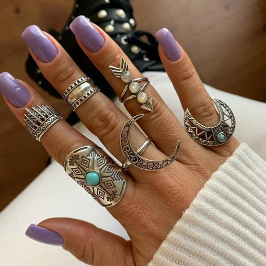 Retro Style Totem Leaf Moon Arrow Ring Set 6 Piece Unisex Alloy Jewelry Electroplated Geometric Vintage Inspired