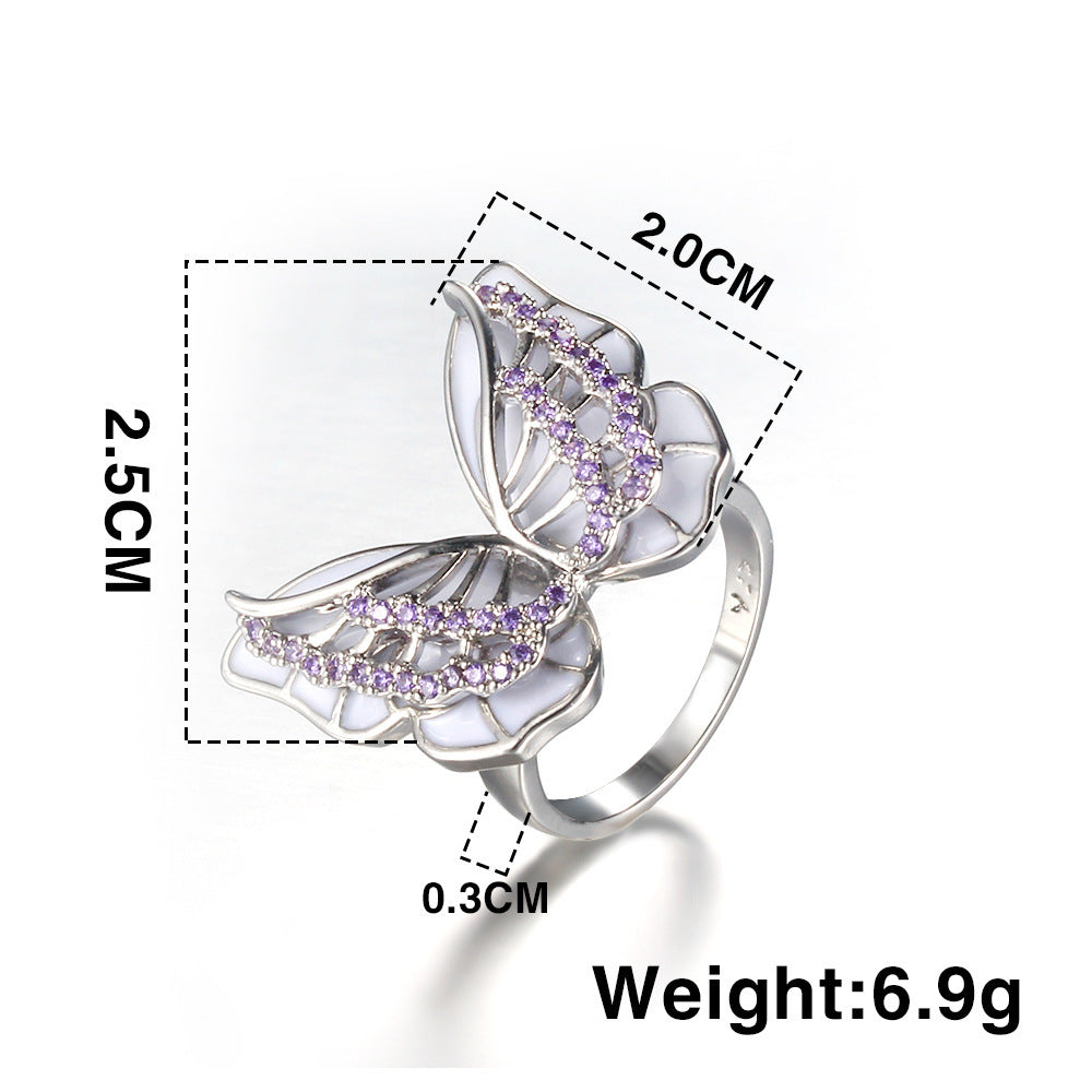 Womens Butterfly Zircon Ring Copper Electroplated Glazed Dainty Jewelry for Wedding Engagement Gift Party Gift