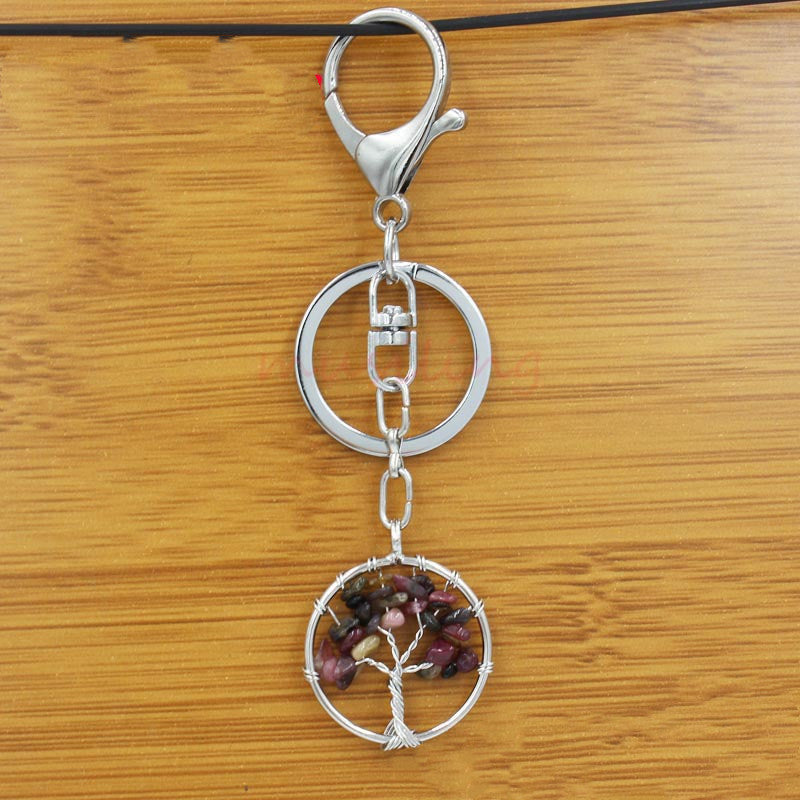 Crystal Tree of Life Amethyst Keychain Pendant Electroplated Round Charm for Handbags and Backpacks Decoration