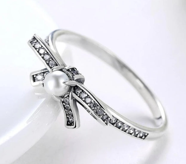 Womens Sterling Silver Ring With Pearl Inlay Bow Geometric Design Electroplated Finish Elegant Jewelry Gift For Women