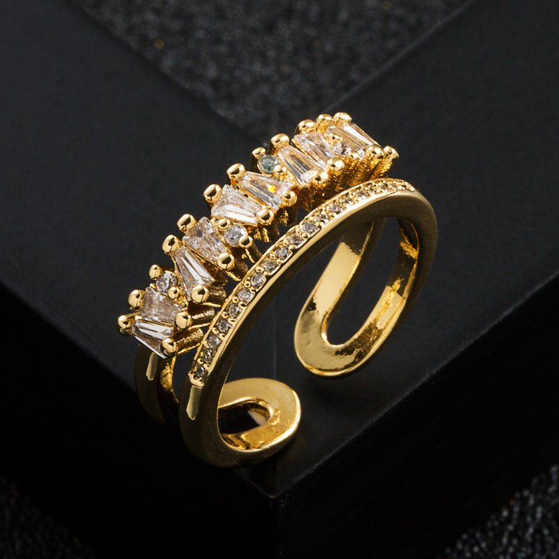 Gold Plated Zircon Ring With Double Layer Design Brass Copper Jewelry For Elegant Everyday Wear Rainbow Shines