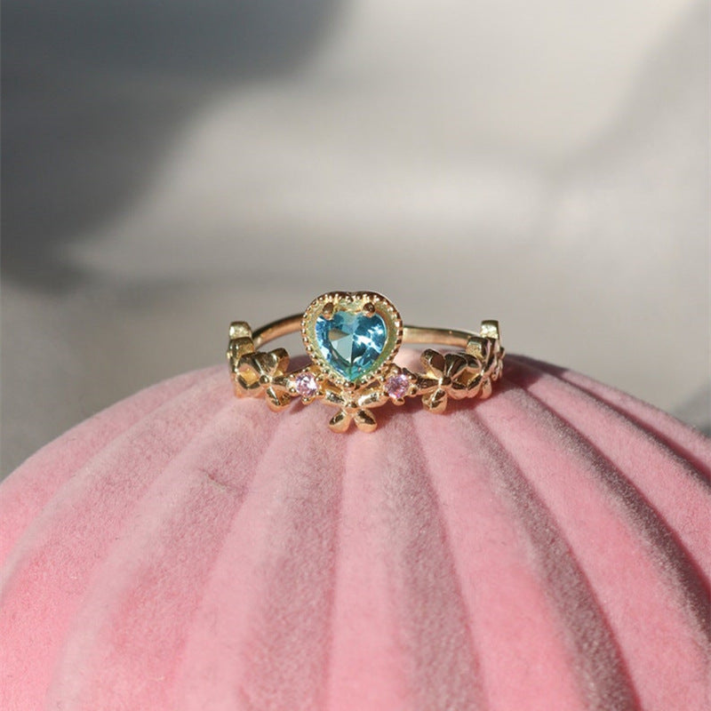 Womens Adjustable Heart Ring Flower Design Retro Geometric Totem Ring Gold Alloy Electroplated Ring Adjustable