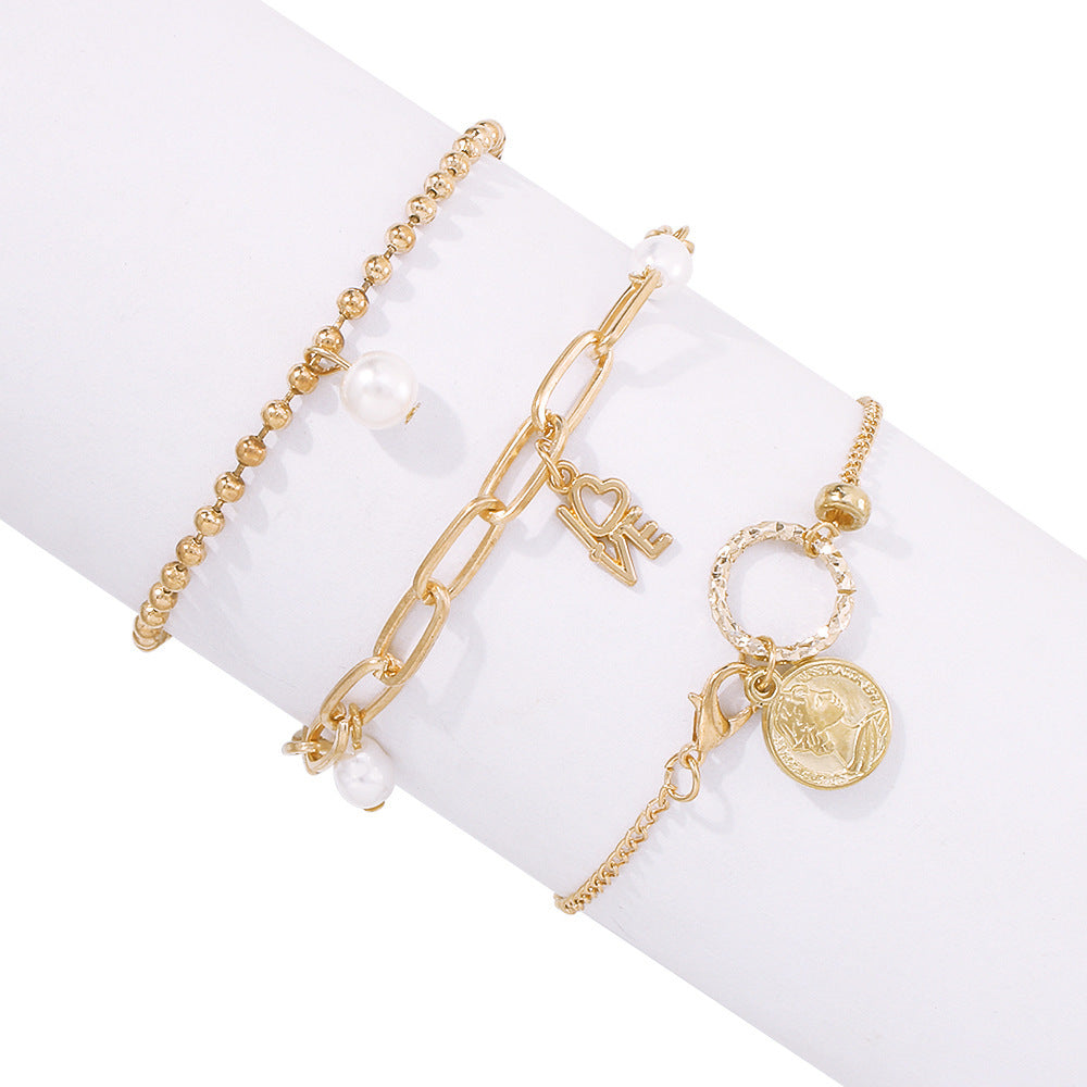 Gold Imitation Pearl Bracelet Set Geometric Retro Bangles for Women European Style Alloy Jewelry Vintage Style