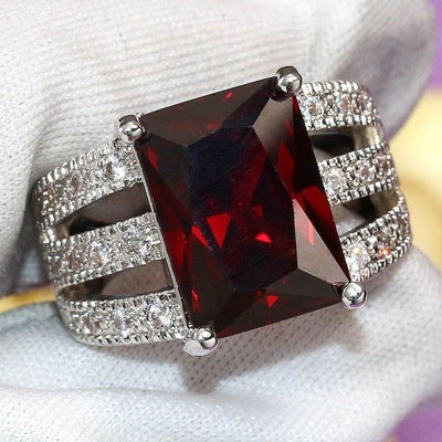Garnet Red Zircon Skeleton Ring Platinum Plated Copper Jewelry Unique Design Gift For Her Bold Fashion Jewelry