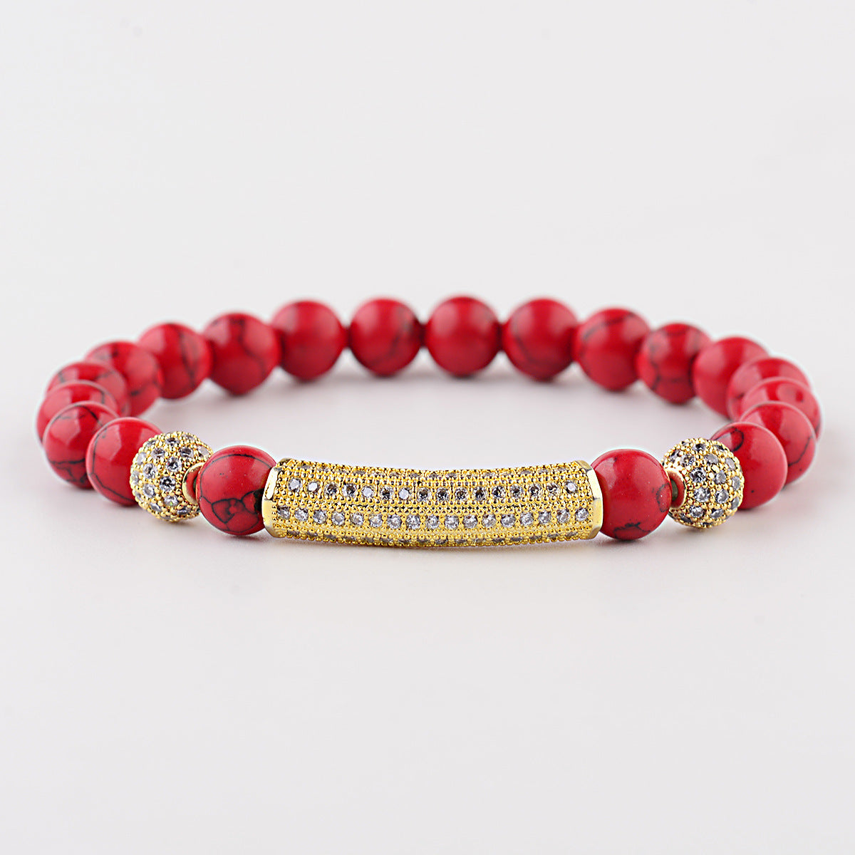 Red Pine Wood Bracelet With Copper Crown And Red Turquoise Accents Micro Inlaid White Zircon Elastic Cord Glow