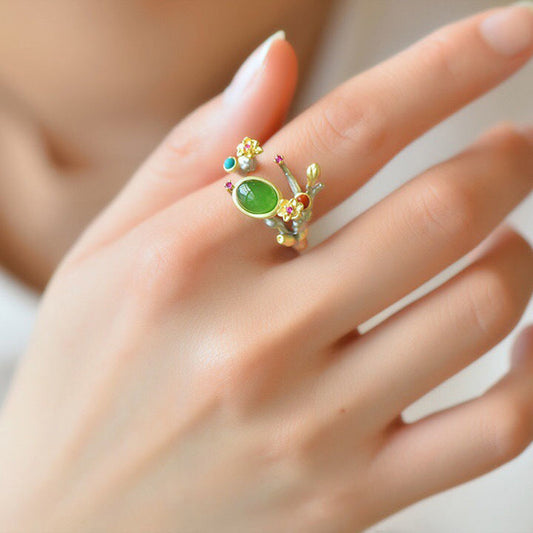 Womens Open Ring Electroplated Green Jasper Copper Adjustable National Fashion Ring Animal Cartoon Retro Laces