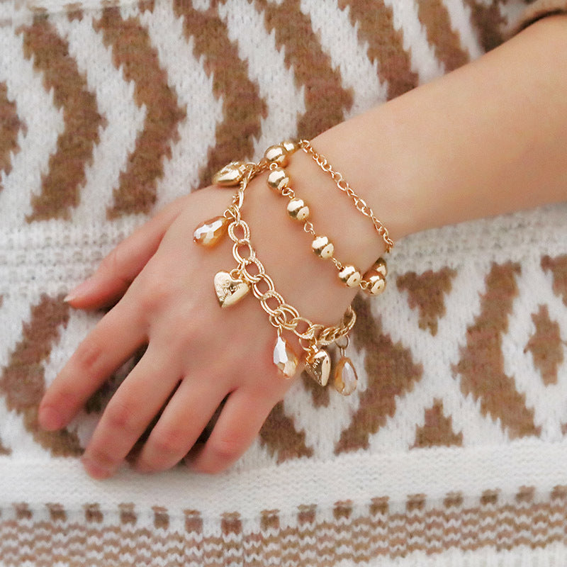 Womens Heart Pendant Bracelet Multilayer Round Bead Chain Alloy Electroplated Gold Heart Shape Jewelry Elegant