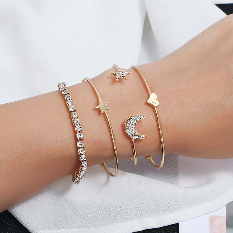 Womens Copper Bracelet Set of 4 Star Diamond Inlaid Star Design Jewelry in KC Gold White K Plated Elegant Set