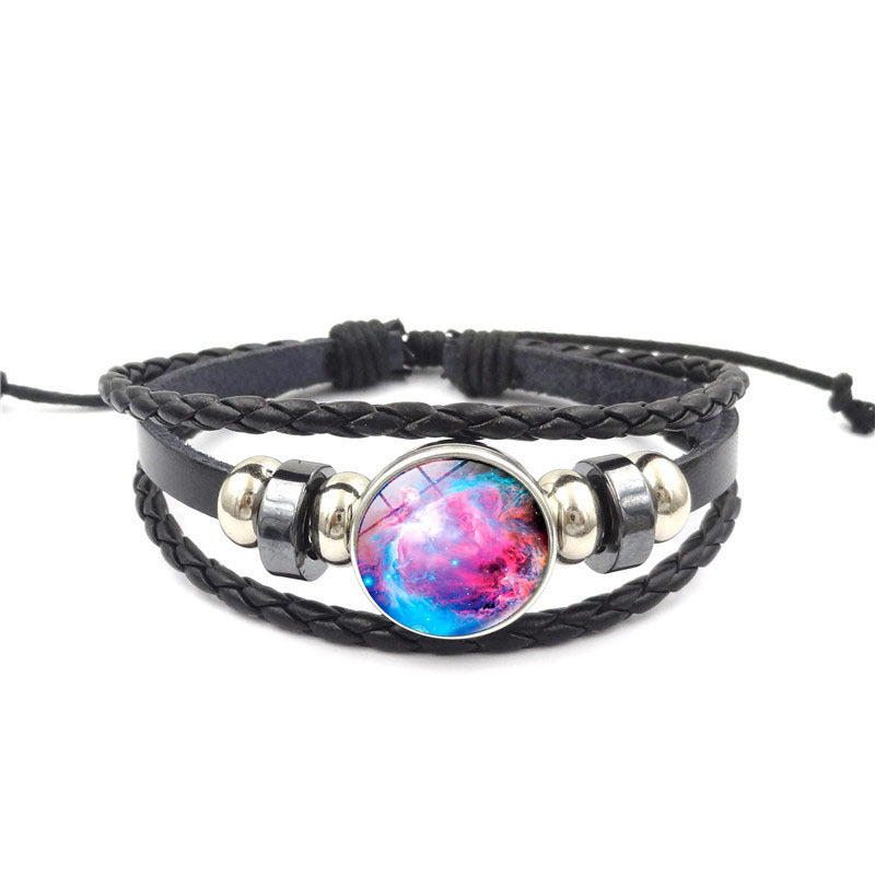 Womens Beaded Bracelet Handmade Starry Sky Universe Design Glass Gem Alloy Pendant Adjustable Leather Rope Gem