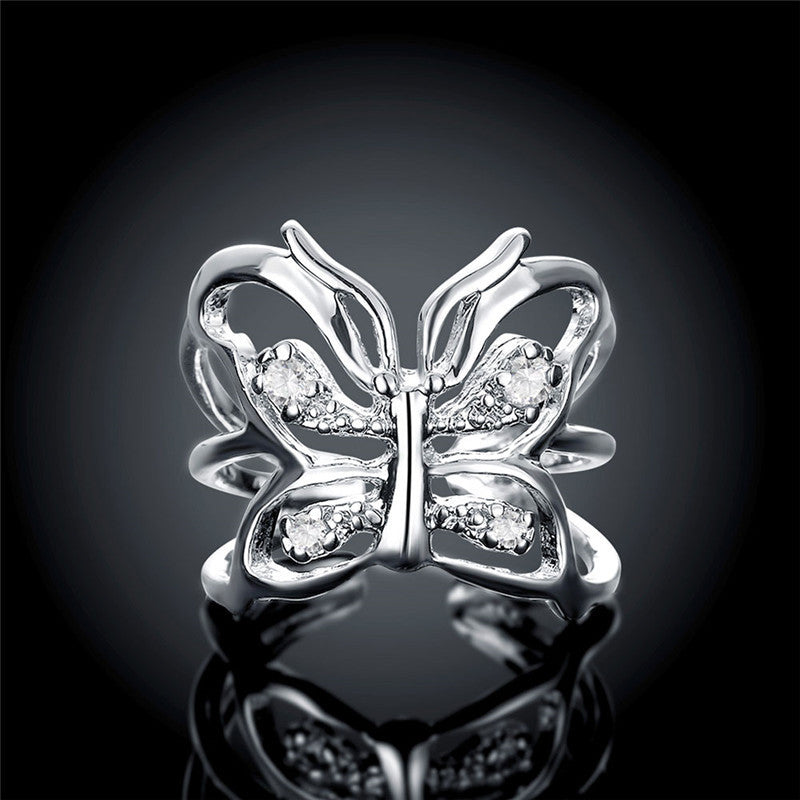 Adjustable Silver Butterfly Zirconia Ring With Copper Core And 925 Silver Plating For Everyday Wear Great Gift