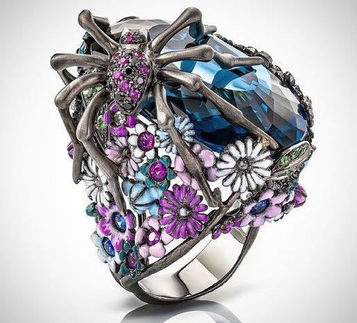 Spider Shape Drip Flower Ring Alloy Gold Plated Gemstone Inlay Europe America Size 6 7 8 9 10 Color Stone Gems