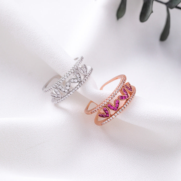 Openwork Heart Ring Alloy With Adjustable Band Inlay Gemstones Rose Gold Or Silver Korean Style Jewelry Design