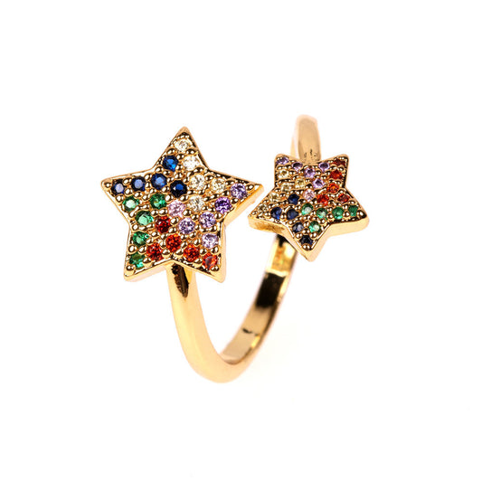 Metal Ring Star Micro Inlaid Color Diamond Accented European American Design Jewelry Gift For Business Quality