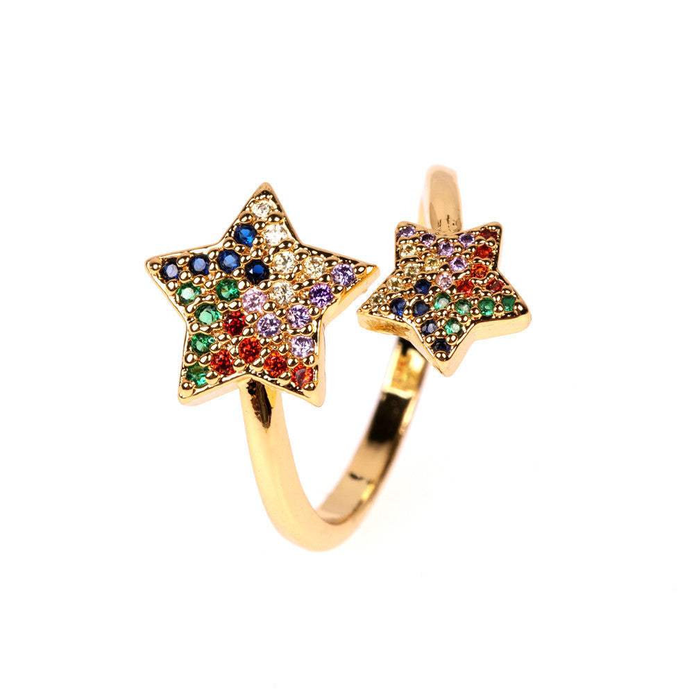 Metal Ring Star Micro Inlaid Color Diamond Accented European American Design Jewelry Gift For Business Quality