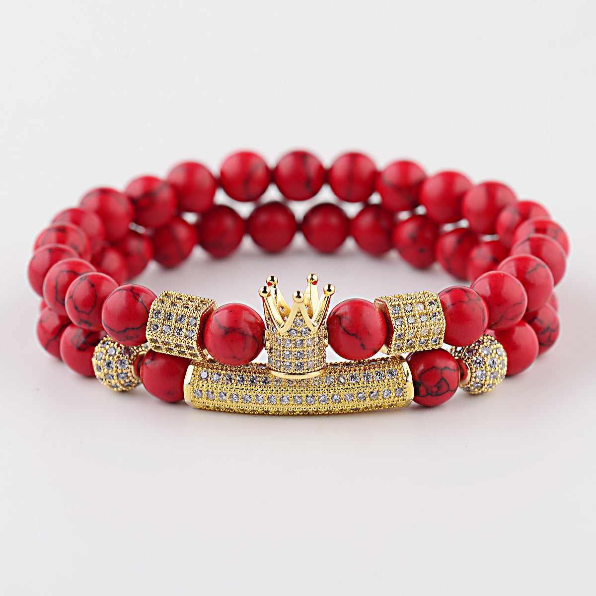 Red Pine Wood Bracelet With Copper Crown And Red Turquoise Accents Micro Inlaid White Zircon Elastic Cord Glow