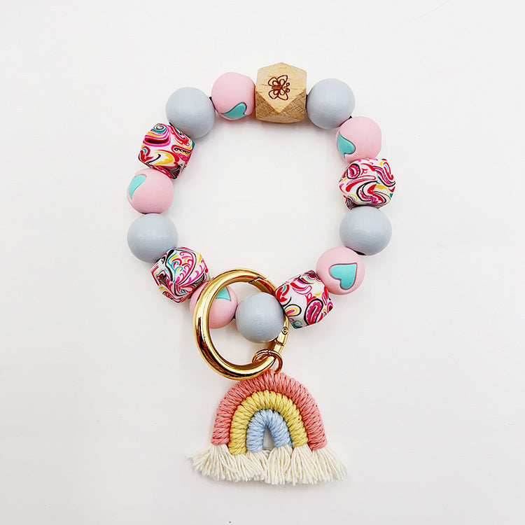 Beaded Bracelet Keychain Handmade Acrylic With Rainbow Tassel And Candy Color Beads European Style Fashionable