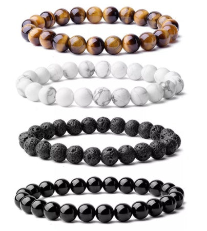 Unisex Natural Stone Geometric Beaded Bracelet Featuring Tiger Eye Agate And Volcanic Stone Everyday Wear Gift