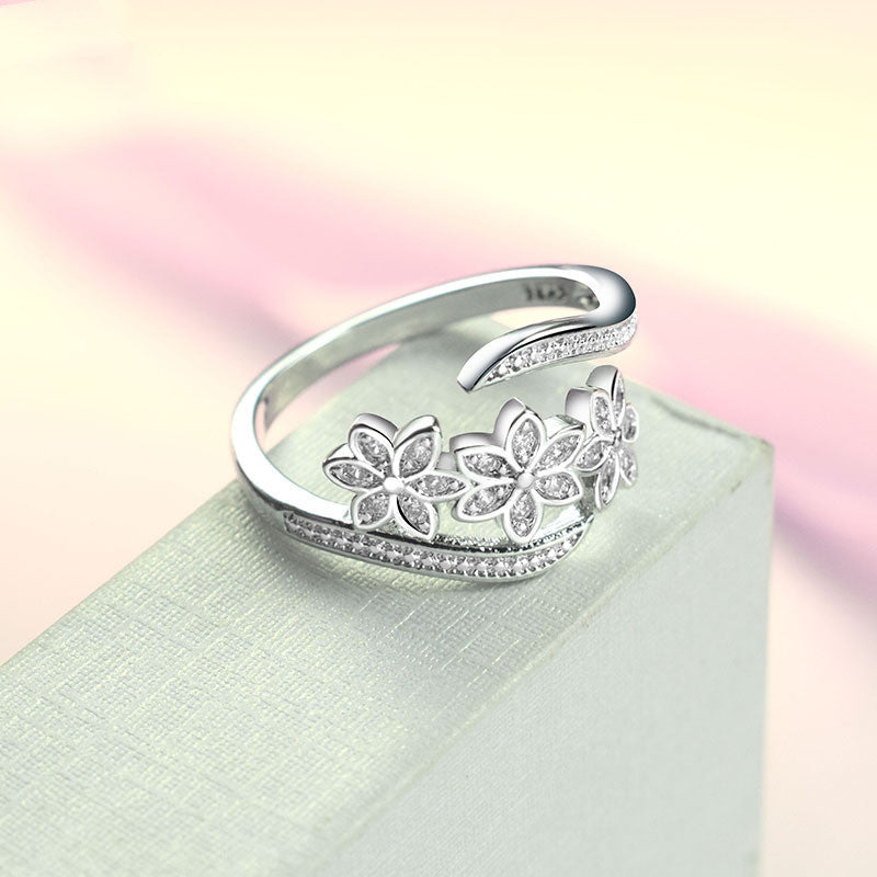 Floral Silver Ring Set With Zircon Diamonds Tricolor Electroplated Copper Ring Jewelry For Women And Girls Chic