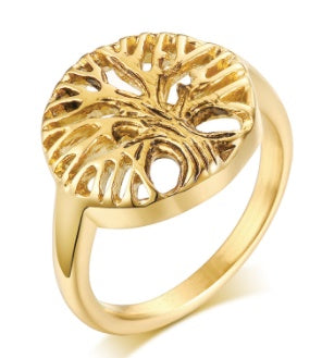 Womens Stainless Steel Tree Of Life Ring Engravable Golden For Anniversary Engagement Gift Jewelry Size 6 7 8 US