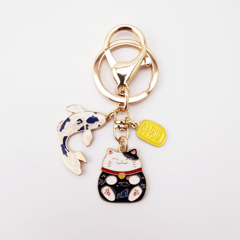 Red Fortune Cat Keychain Car Charm Metal Lucky Charm Gift Bag Ornament Chinese Style Key Ring Durable Finish 2