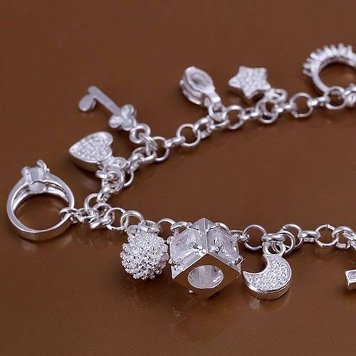 Silver Plated Fashion Bracelet With Thirteen Hanging Charms Elegant Design Alloy Base 21 Cm Length Daily Style On Trend