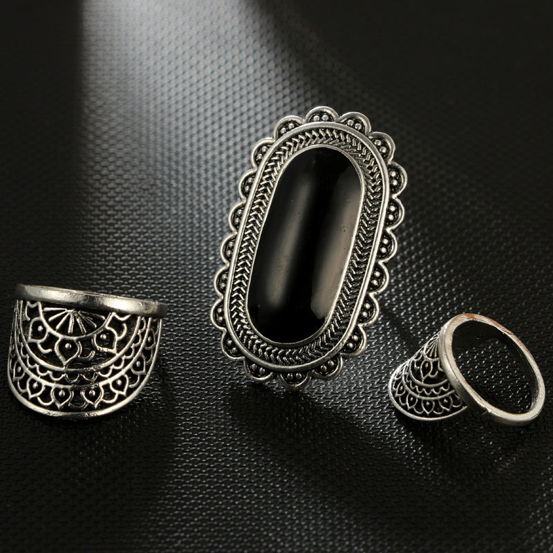 Vintage Black Gem Ring Set 3 Piece Alloy Electroplated Jewelry for Women and Girls Individually Packed Vintage