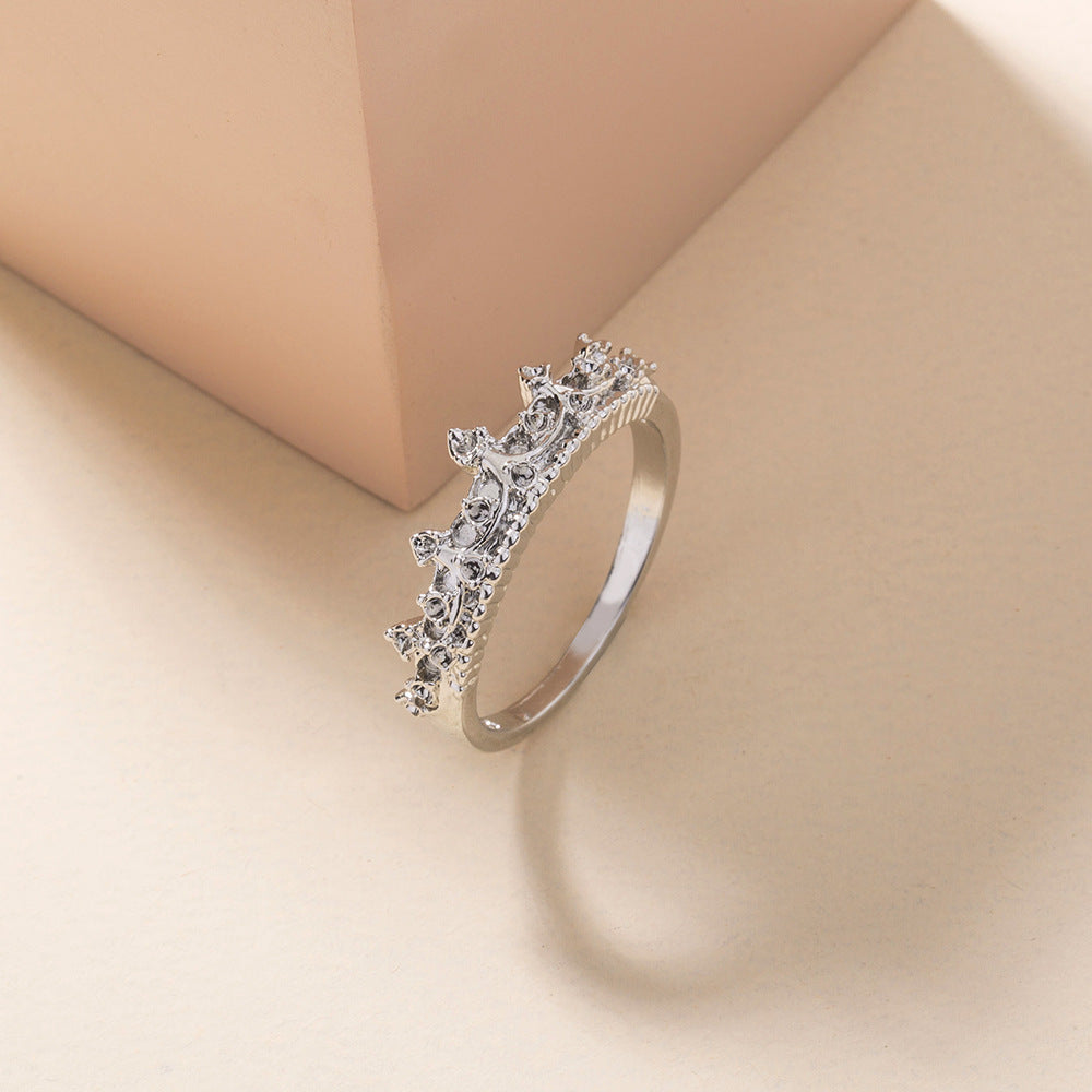 Copper Zircon Carved Crown Design Ring For Women Adjustable Band Euro Fashion Jewelry Electroplated Shine Gift For Her