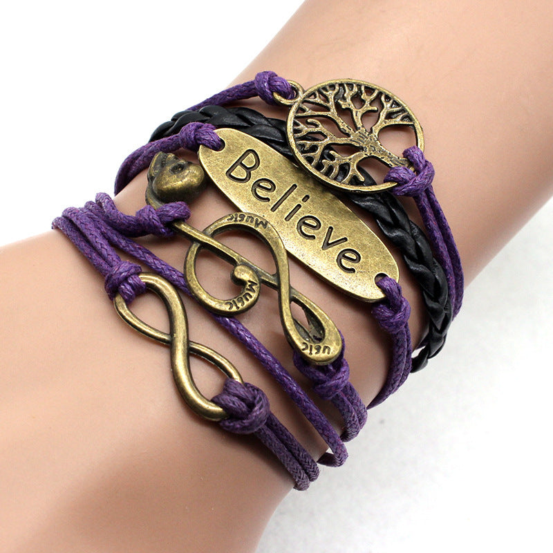 Unisex Braided Wax Rope Bracelet Adjustable Alloy With Letters Numbers Text Design Dark Purple Daily Accessory