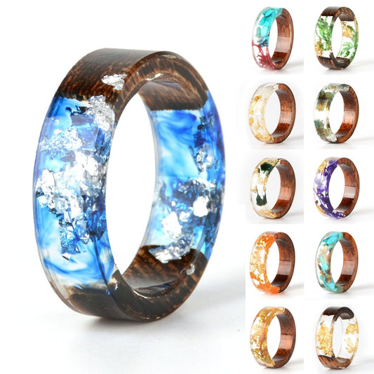 Womens Handmade Flower Resin Wood Ring Inside Gold And Silver Paper Unique Romantic Wedding Party Gift Jewelry