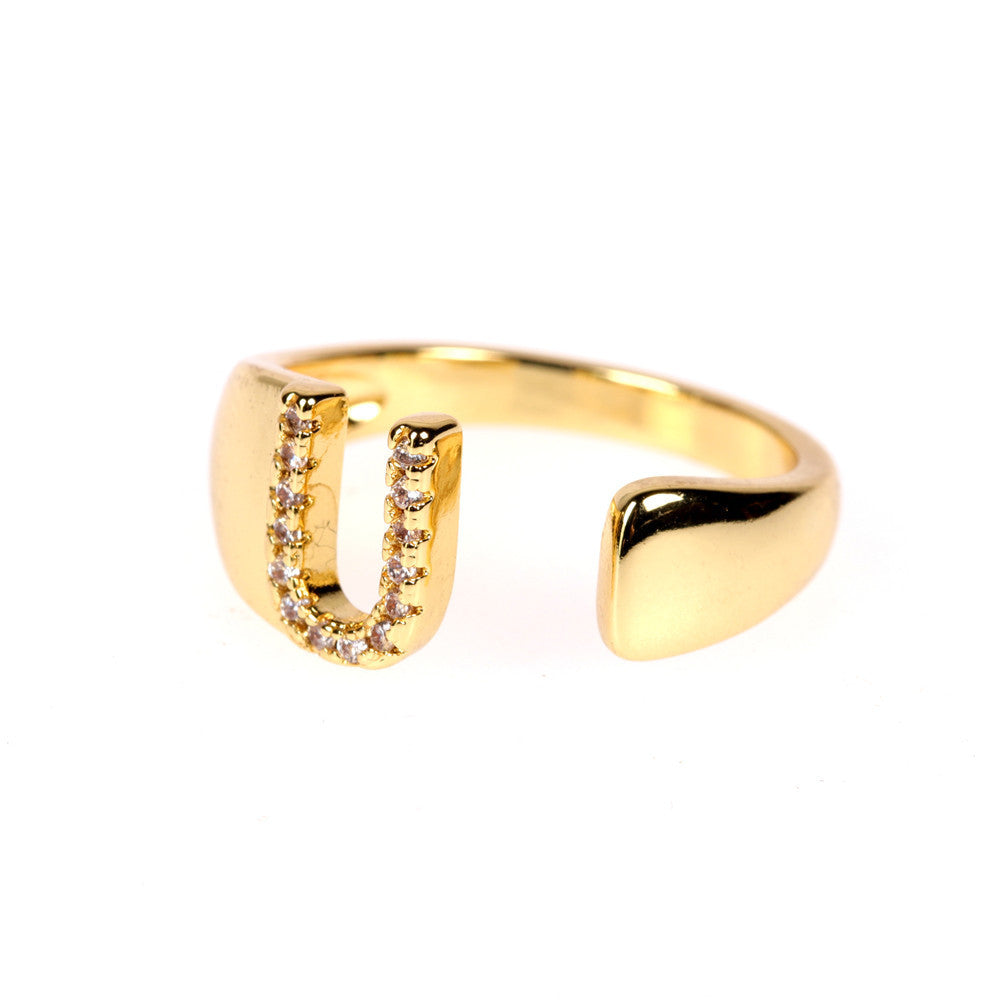 Women Initial Letter Ring Adjustable Gold Plated Diamond Accent Personalized Alphabetical Jewelry Gift For Her