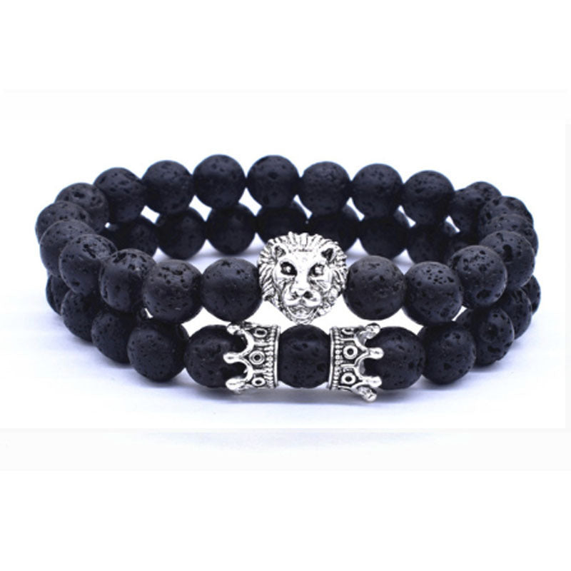 Lion Head Bracelet Crown Charm Alloy Bracelet For Men And Women Natural Stone Accents Adjustable Length 19cm Cord