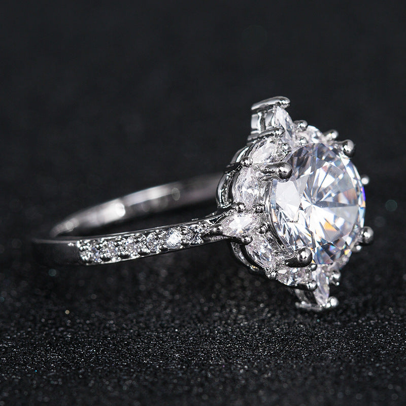 Women's Fashion Ring Round Zircon Inlaid Copper Silver Plated Jewelry For Engagement Gift Versatile For Ladies