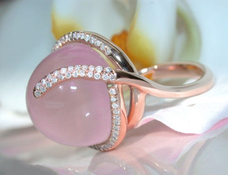 Pink Crystal Moonstone Diamond Ring Unisex Alloy Inlay Jewelry with Semi Precious Stones Gentle Shine Everyday