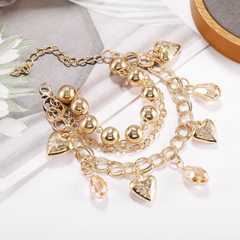 Womens Heart Pendant Bracelet Multilayer Round Bead Chain Alloy Electroplated Gold Heart Shape Jewelry Elegant
