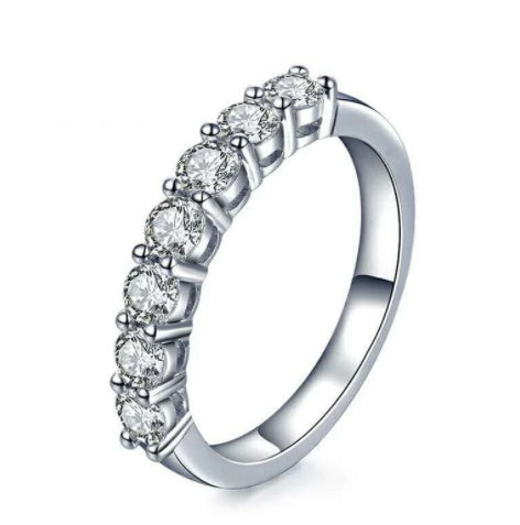 Womens Moissanite Ring White Gold Seven Star Row Ring Fashionable Band Elegant Jewelry Simple Round Ring for Her Anniversary Gift